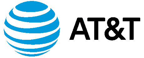 AT&T corporate logo featuring the iconic blue and white striped globe emblem next to black typography.