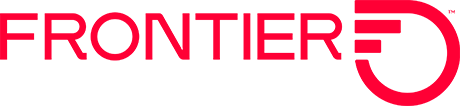 Frontier Communications official corporate logo in bold red typography with stylized circular icon.